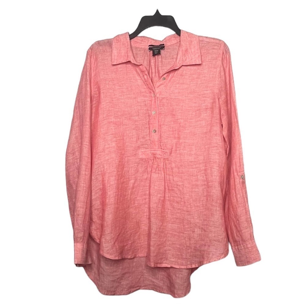 Jones & Co 100% Linen Popover Coral Long Tab Sleeve Coastal Shirt Size Medium